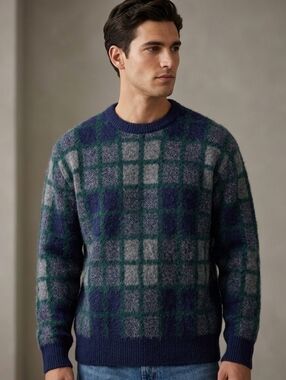 NWT Fuzzy Zara Plaid Alpaca-Wool Blend Knit Sweater Sz L